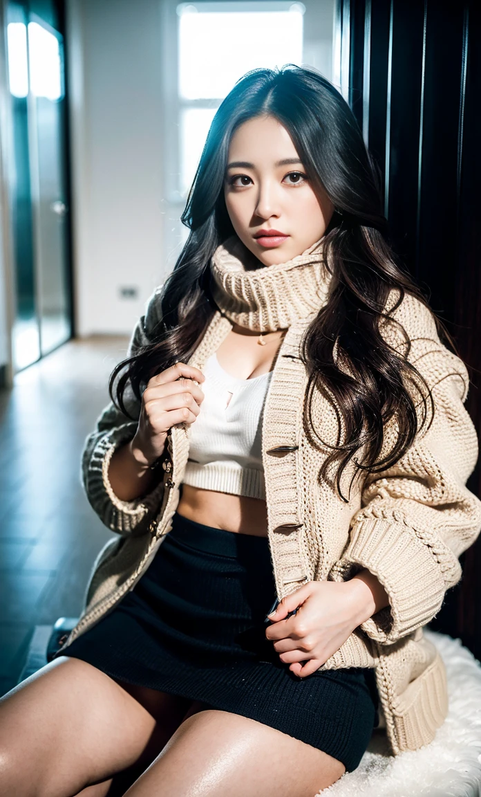 ulzzang -6500-v1.1, (Raw foto:1.2), (Photorealsitic:1.4), a beautiful detailed girl, ighly detailedな目と顔, beatiful detailed eyes, Ridiculous, unbelievable Ridiculous, huge filesize, ultra-detailliert, hight resolution, ighly detailed, top-quality, ​masterpiece, Kemomimi, ((wearing a white scarf around his neck)), ((black puffy down jacket)), (((Tight knitted skirt))), illustratio, ighly detailed, nffsw, unification, 8k wallpaper, astonishing, finely detail, ​masterpiece, top-quality, Highly detailed ticker uniform 8K wallpaper, face lights、Cinematographic lighting、((4-girls))、20yr old、(witheout panties)、((dynamicposes)))、(camel's toe)、(half)、(Crooked knees and legs sitting)),