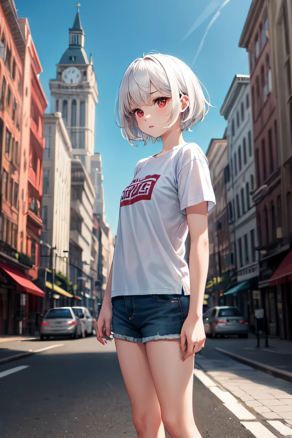 1girl, short white hair,red eyes,wearing plain white shirt,denim shorts,city,absurder, high res, ultrasharp 8k, masterpiece, looking at the viewer