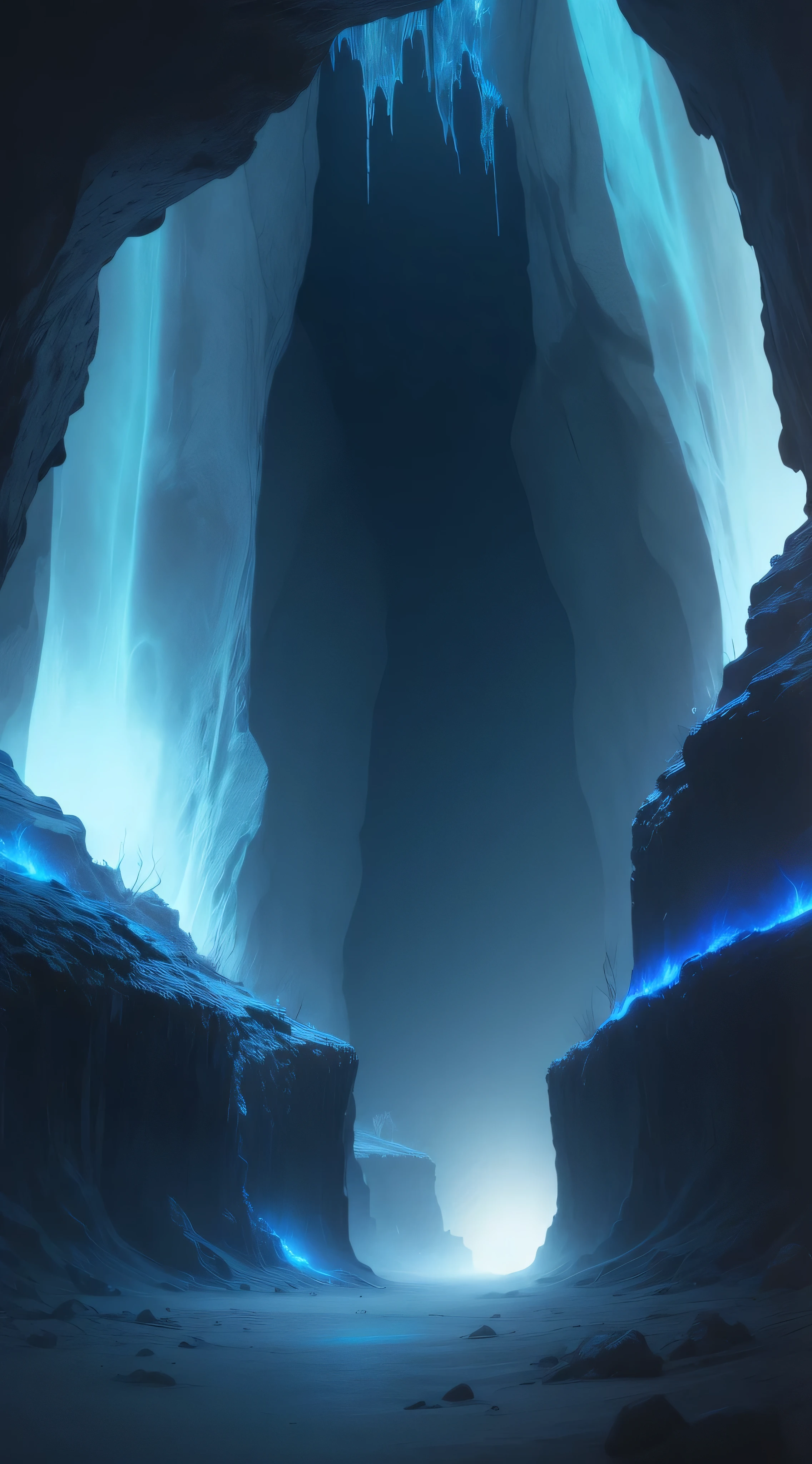 Dark mysterious cave with a bluish light glowing in its depths.