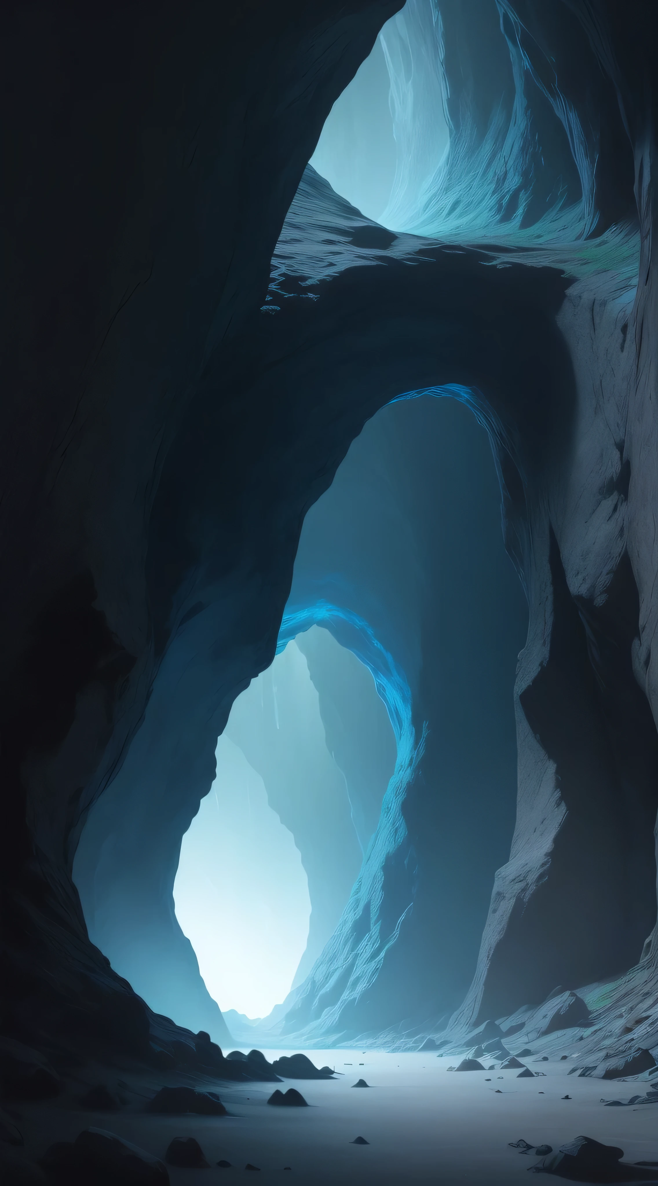Dark mysterious cave with a bluish light glowing in its depths.
