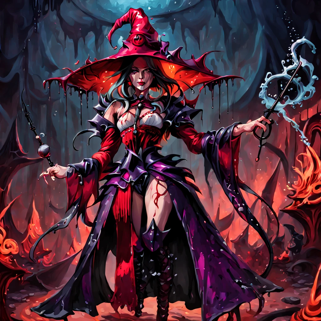 Evil Witch in English vermillion color english style witch hat and witch outfit with a wand made of dripping crimson, background a sea of crimson, phx