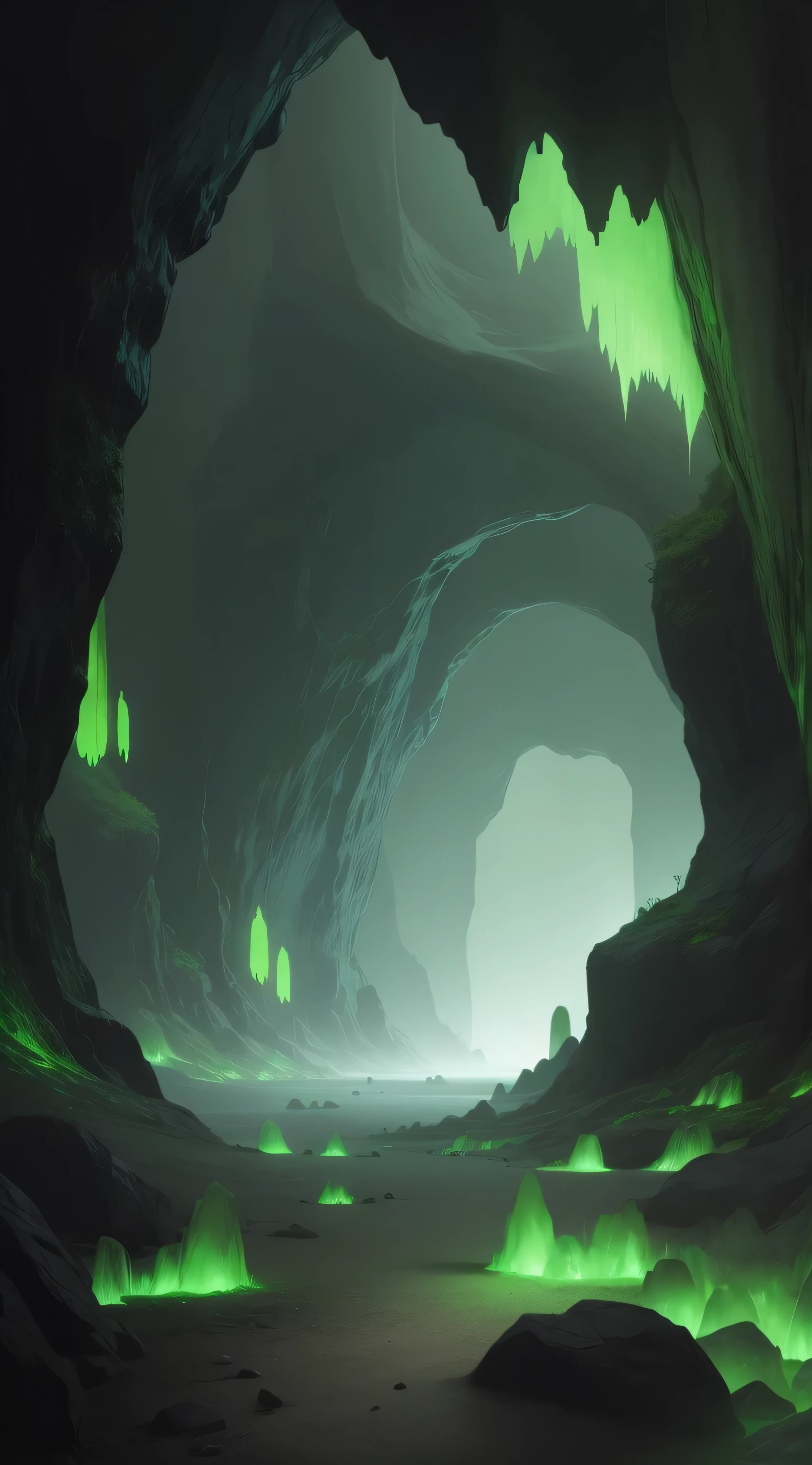 Dark mysterious cave with green glowing crystals.