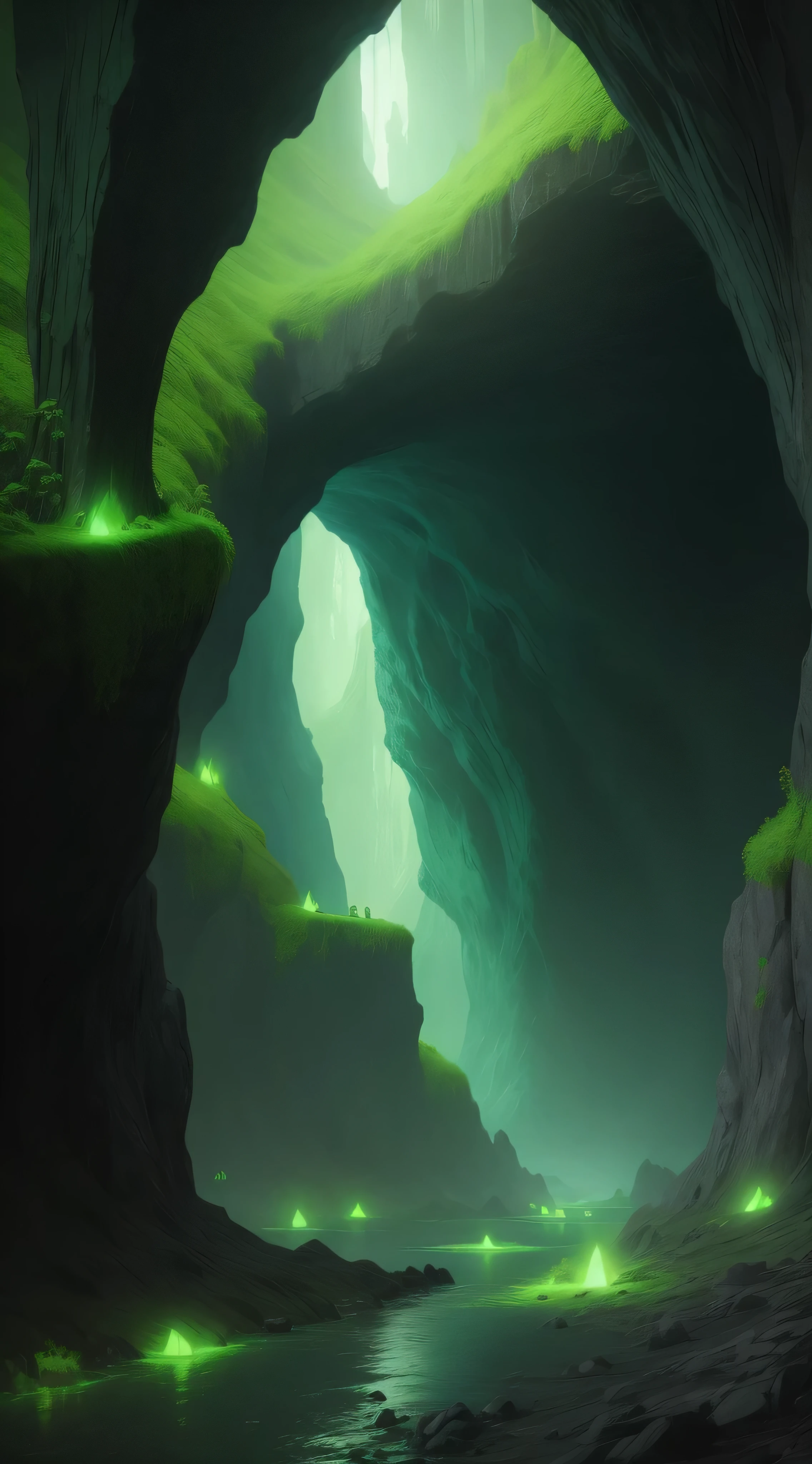 Dark mysterious cave with green glowing crystals.