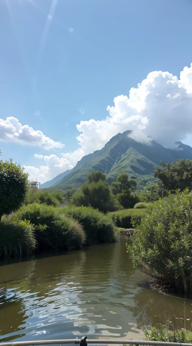 Take pictures on stilts,(carp jumps out of water), scenecy, vanishing point, from below, tmasterpiece, best qualtiy, 8K, absurderes, waterface, 夏天, at noon, rays of sunshine, blue-sky, see -through, depth of fields, hight resolution, finedetail, ultra - detailed, Sharp Focus