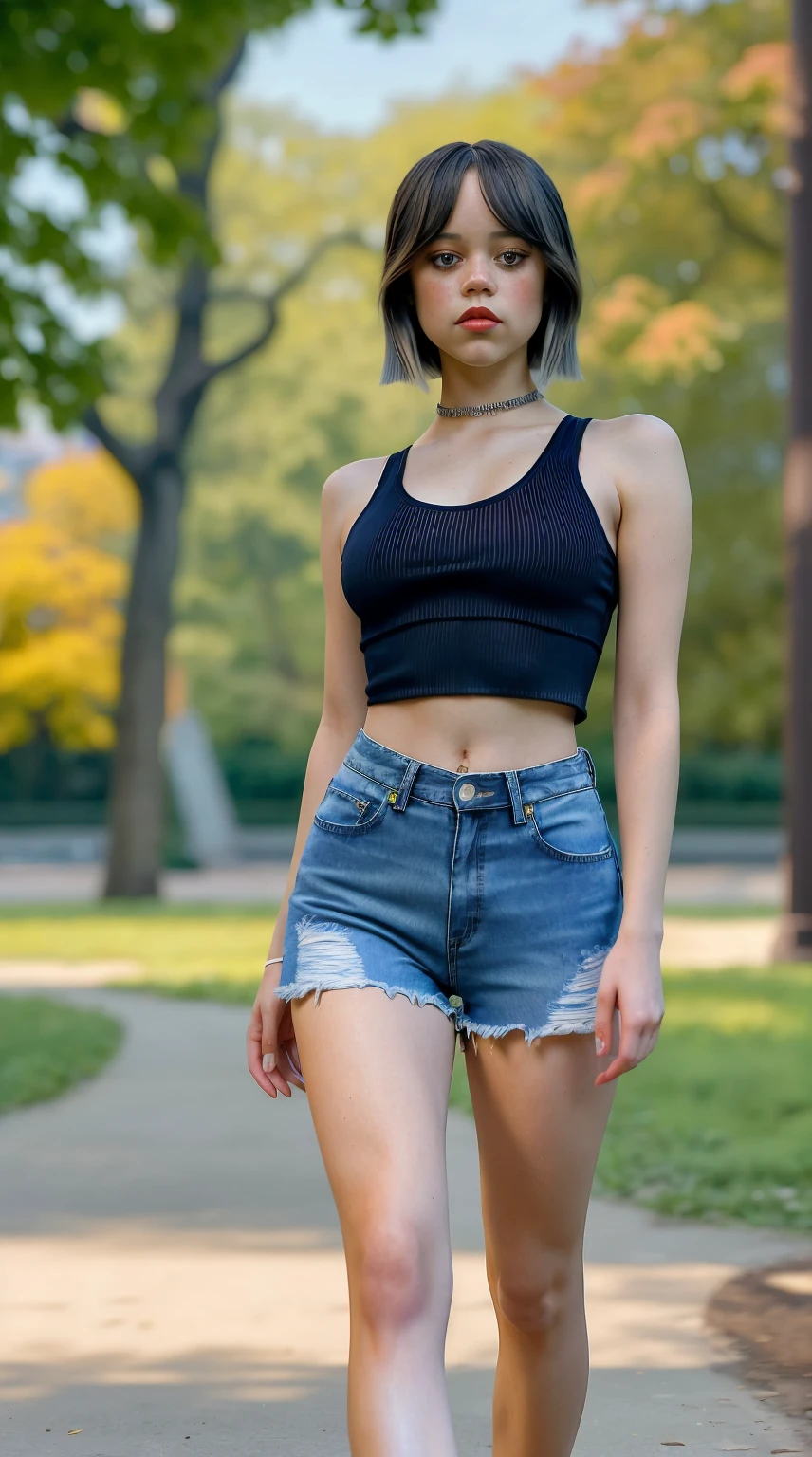 Masterpiece, stunning realistic, photorealistic, best quality, 16k,jenna ortega,sexy body,sexy tight croptop mit ausschnitt,high waist ripped denim shorts,standing in a park,long bobcut,straight hair,leichtes makeup,lange wimpern,red lipstick