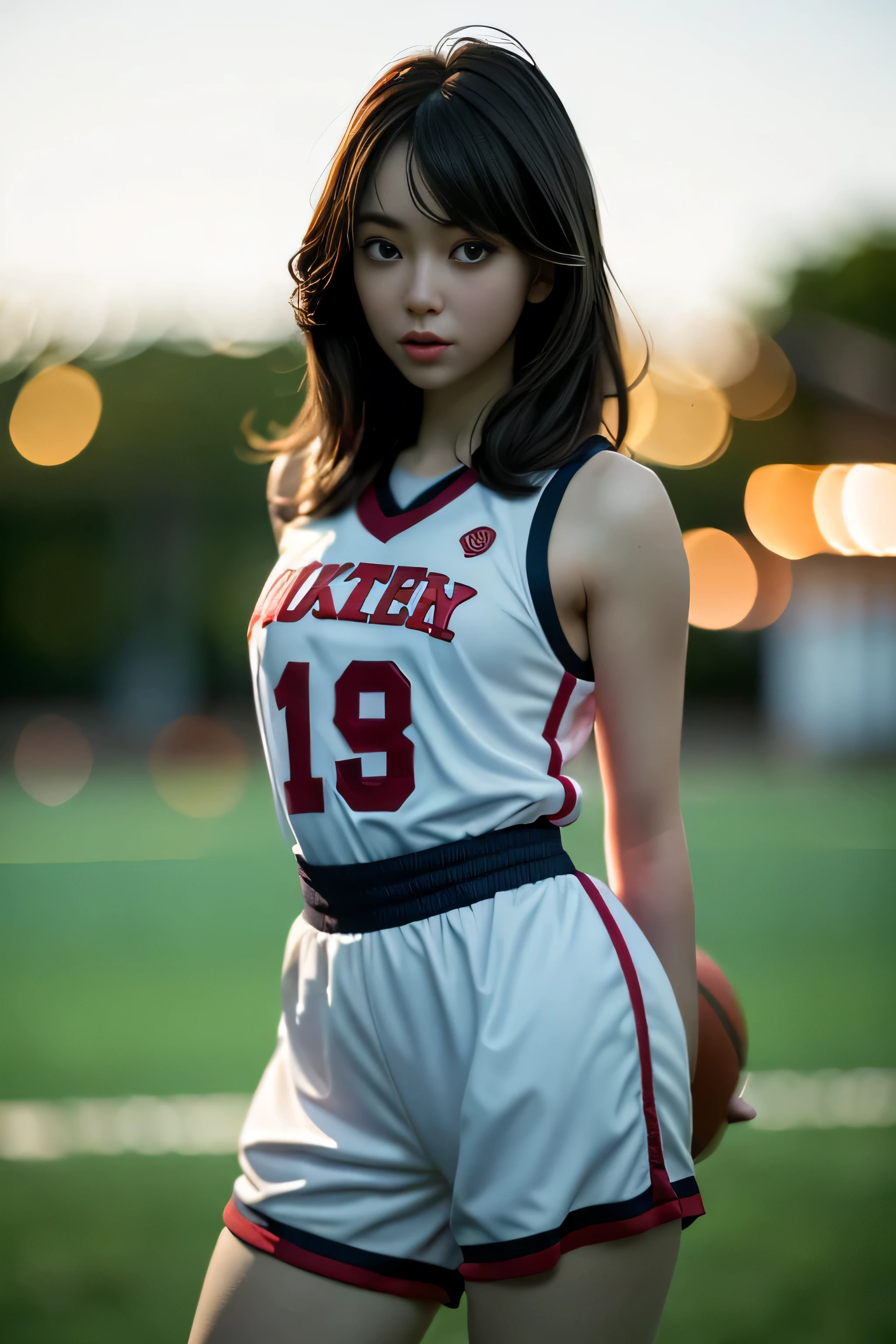 (8K, Best Quality, masutepiece: 1.2), (Realistic, Realistic: 1.37), ultra-detailliert, Best Quality, Ultra High Resolution, Professional Lighting, Photon mapping, Radio City, Physically Based Rendering, Cinematic lighting, Basketball court, depth of fields, Sharpness focus, Sunlight, Good composition, (Bokeh: 1.2) 1girl in, Solo, (Full body), (Closed mouth), Beautiful and detailed eyes, Pose, Narrow waist, Basketball Uniform, Black hair, hair messy, long hair blowing in the wind, (ulzzang-6500:1.2) mix4, hiqcgbody