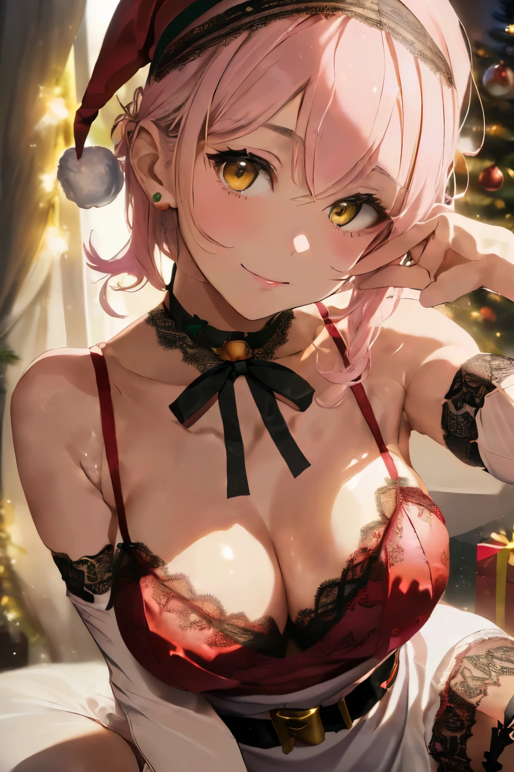 (Light pink hair),(short-hair),(hair with loose curls:1.3),(With bangs),(Yellow eyes:1.25),Slight red tide,(Christmas ornament motif accessories),(Santa costume style camisole type dress:1.5),(garterbelts),(black lace stockings:1.5),(black lace type arm warmers:1.5),(The chest opens and you can see the cleavage.),(A ribbon is wrapped around the body:1.35),(🎀),(Indoors during Christmas party:1.25),(Soft illumination light),(Interior illuminated by night lights:1.3),(A gesture that hides the chest:1.5),(close up of face:1.7),(Gentle smile),(Tilt of the neck:1.65),