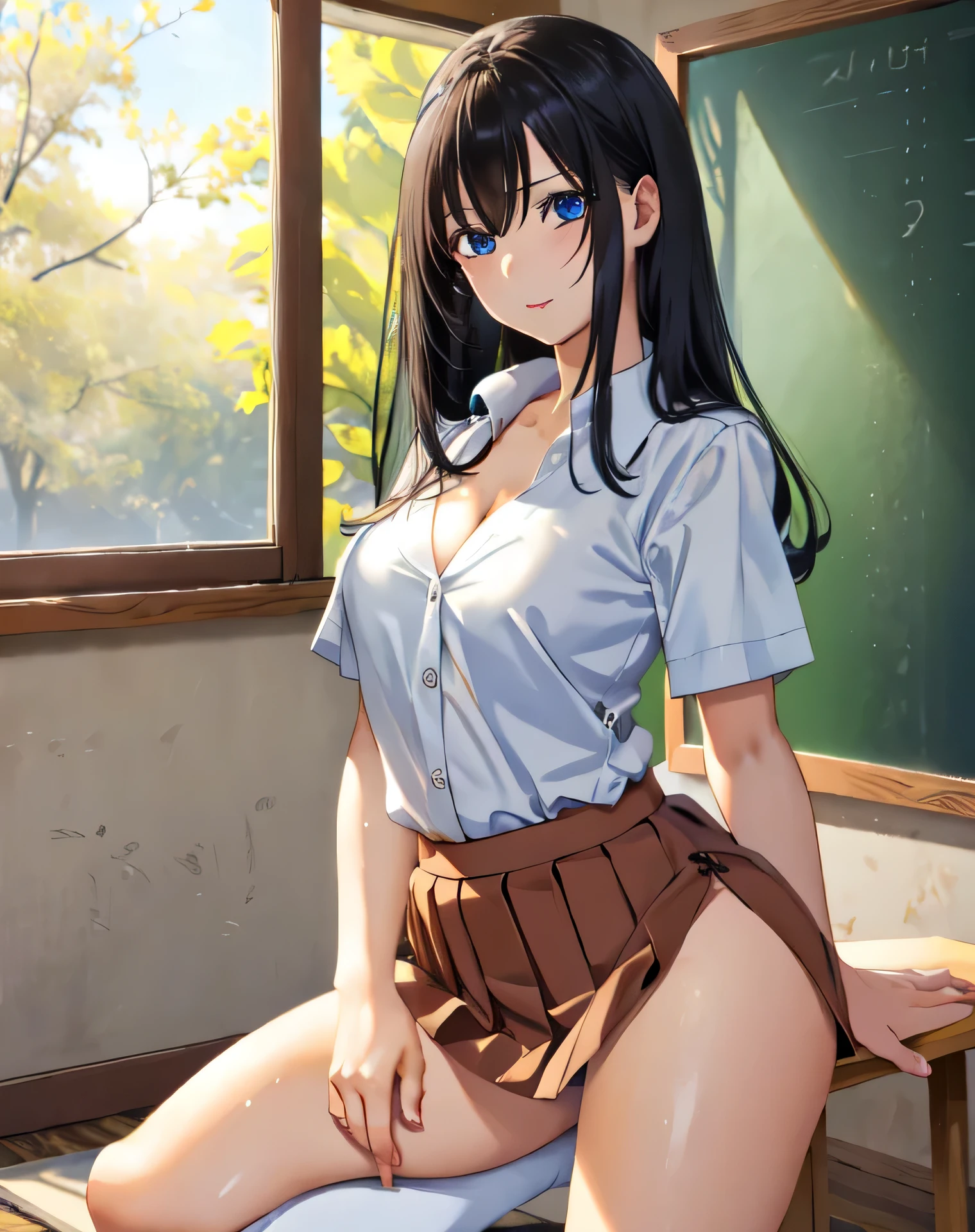 (detailed、masutepiece, top-quality:1.3), (Ultra detailed 8K cg:1.2), Cowboy Shot, 1 beautiful Japanese girl, 28 years old, beautiful supermodel, Japanese Idol, (kneeling on the desk:1.1), (School uniform:1.4), (Spread legs:1.2)、(School classroom background:1.1), breasts, cleavage、Beautiful woman full of charm、dawn (sfw), (very detailed eyes), small breast, from behind, (((anime))), ((ultra detailed eyes)), ((empty eyes))