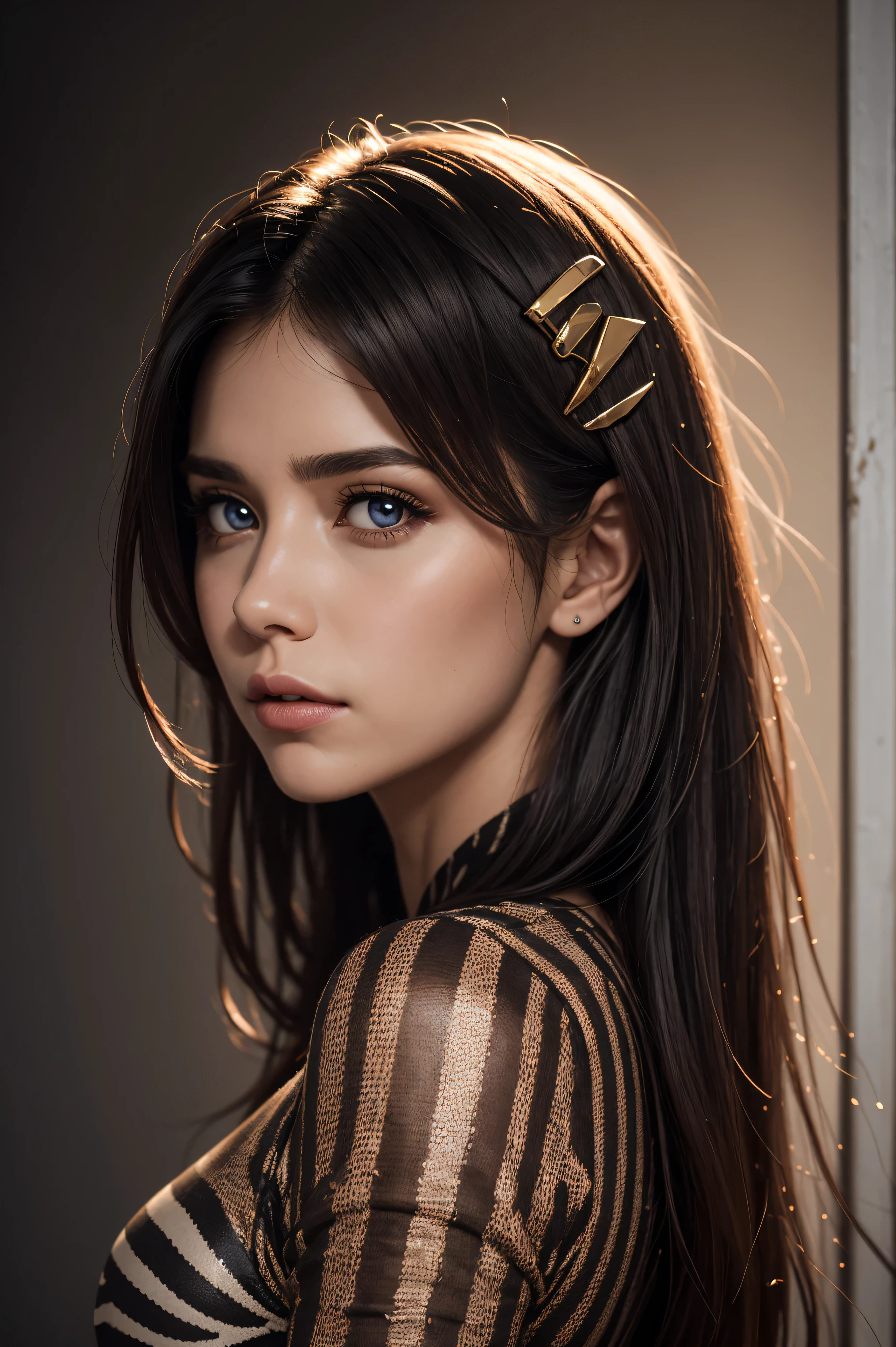 Shiri Appleby, wearing zebra costume sexy clothes. professionally retouched, soft lighting, realistic, smooth face, perfect eyes, sharp focus on eyes, 8 k, high definition, insanely detailed, intricate, elegant. in a natural background.