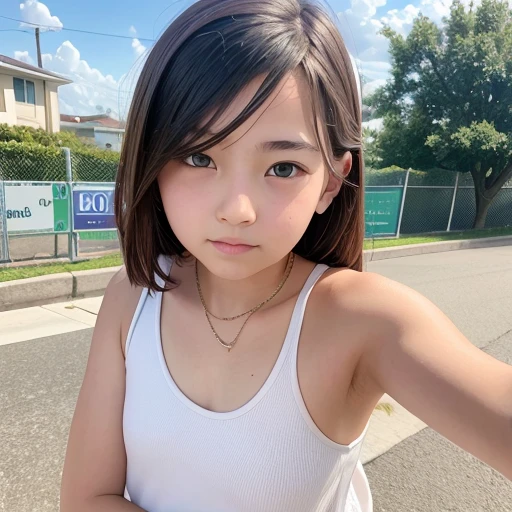 Japanese,Beautiful girl at 6 :1.85,Baby Facera-flat chest:1.85、Ultra short height、Innocent face,cute,Primary school stuy school,White tank top,Summer crd and peer in:1.85、clavicle