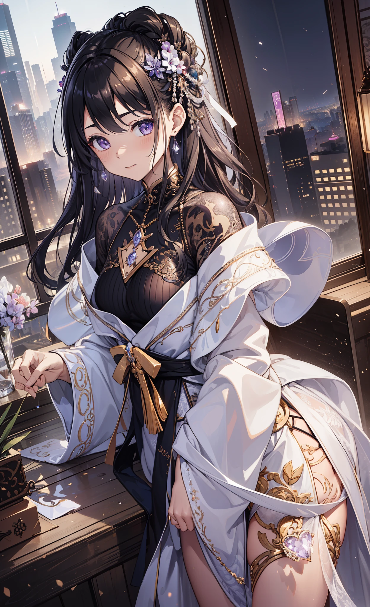 quality、image quality、tmasterpiece、girl ((Sixteen years old、best bust、medium chest circumference、obsessed、Sexual suggestiveness、sexual teasing、lacivious pose、Lie flat,silver slightly curly hair、slenderness、Grand canyon、Silver blended transparent Hanfu matching)）、high high quality、beautiful art、Background with((luxury hotel、Night view windows)))On a table、visual art、depth of fields、Diamonds adorn clothes，Sparkling，Full body lesbian，fixed fingers，Lilac eyes
