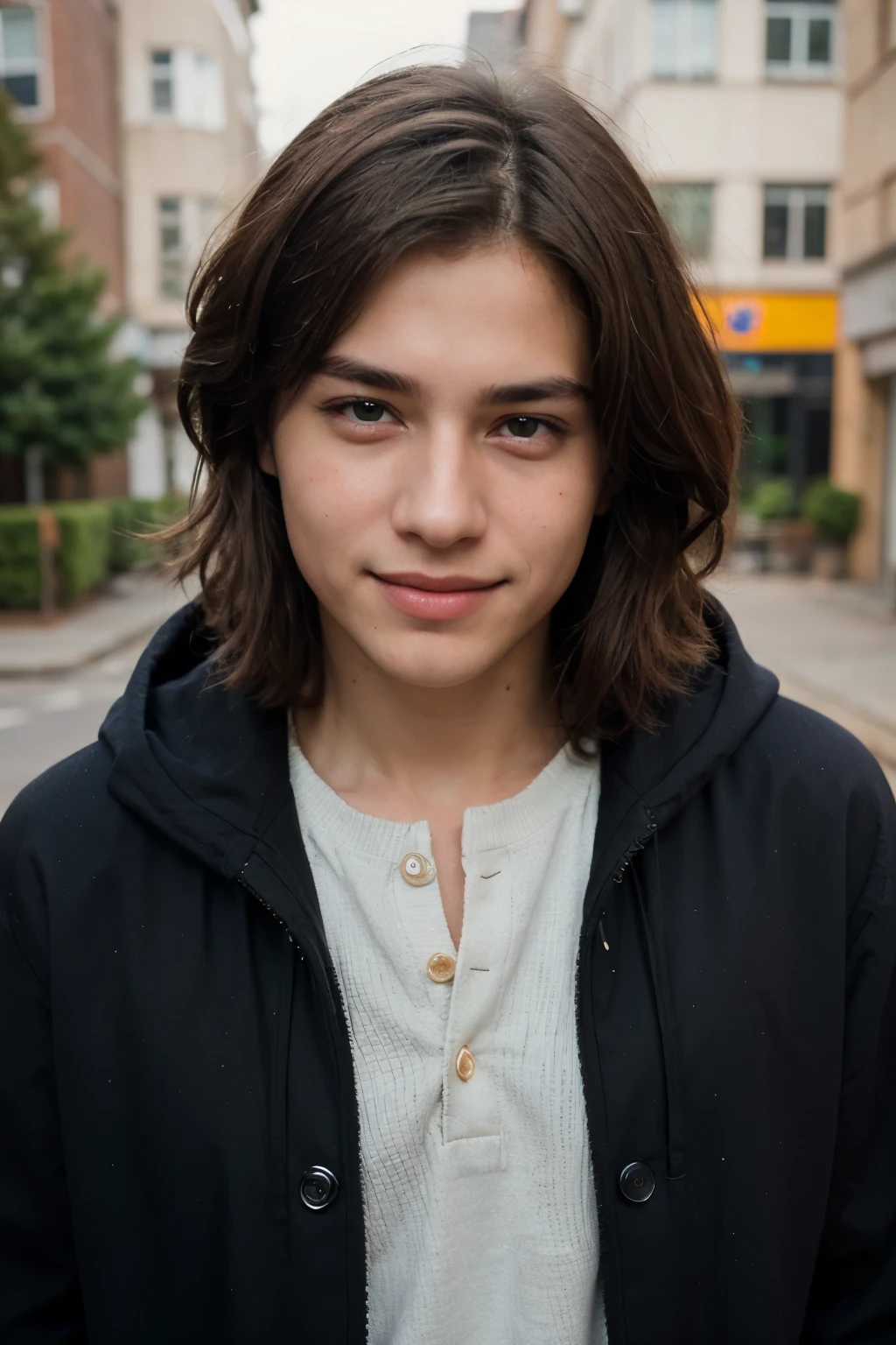 ((best quality)), ((masterpiece)), (detailed), perfect faceA cute 18 years old boy with short, flowing brown hair, brown eyes, glossy lips - he's expression is one of joyful contentment as he gazes warmly into the camera, he is in the street, looks handsome, wearing a casual green coat on he's black sweater