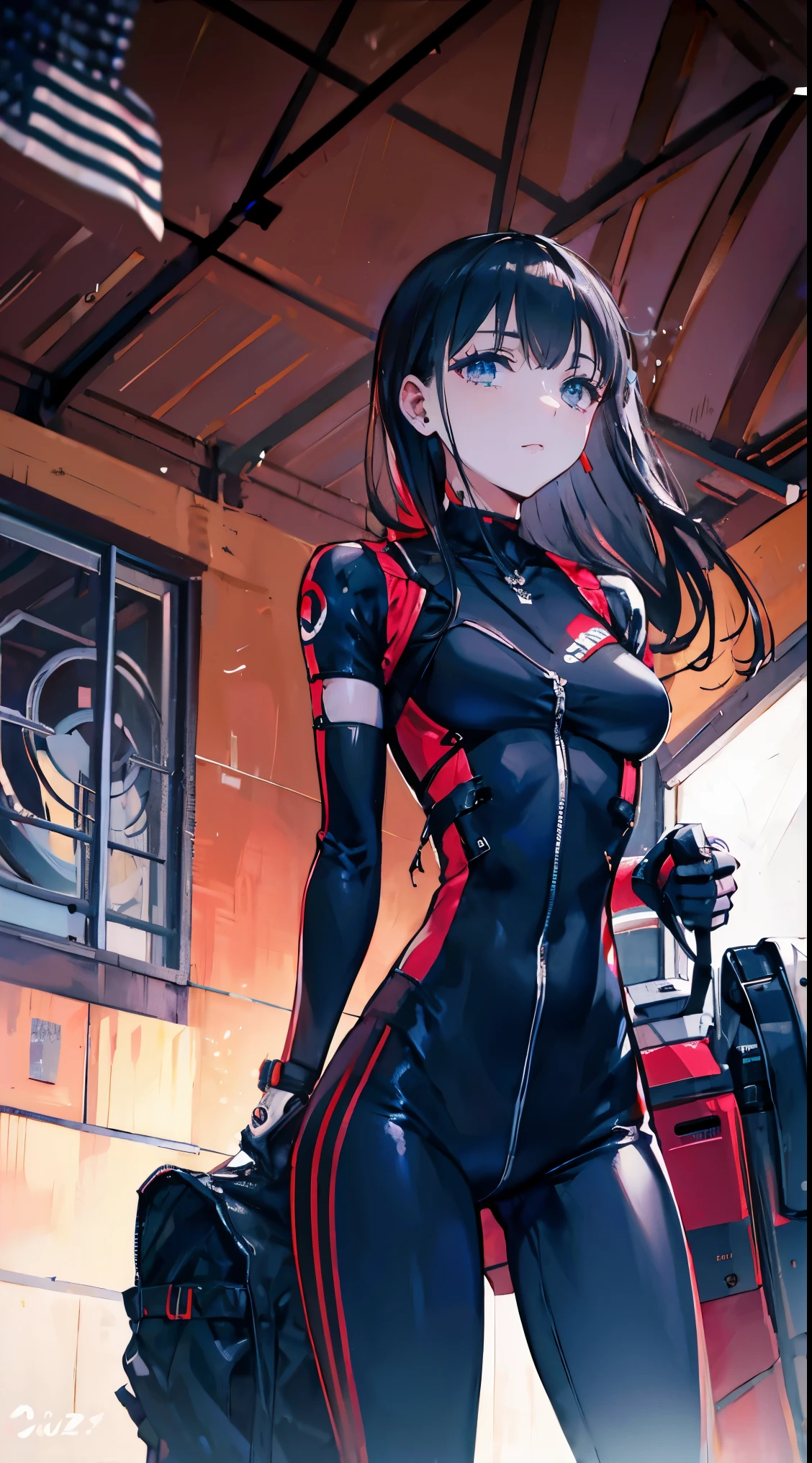 Upper body,long hair girl,without background,carry modern weapons,Torn clothes,tightsuit,