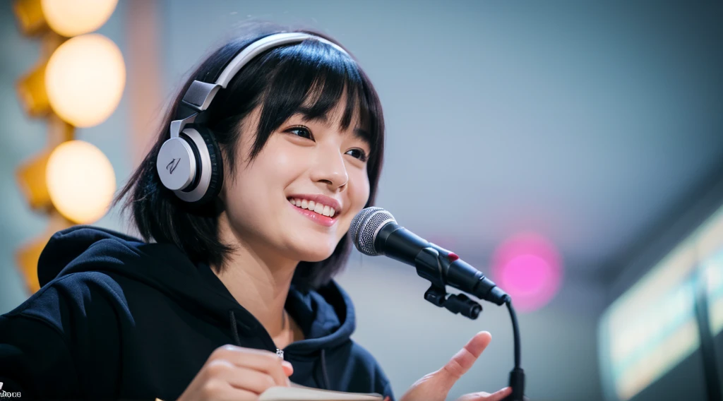 8k,beautiful,Grin,19 years old, Bob with bangs, Black hair, Medium Hair, Room, Hoodie, Japanese, Voice actor, headphone, speak at a microphone, real, photo real, realistic Japanese cute, 8k, RAW photo, best quality, masterpiece, realistic, photo-realistic, clear, professional lighting, beautiful face, best quality,ultra high res, Style: hyper-realistic photograph, (with a book in hand), microphone, (front of microphone), read a book, Sony α7, 35mm Lens, f1.8, medium format, soft lighting, by Daniel F Gerhartz, intricate, super highly detailed, trending in pinterest, sharp focus ,portrait photography,detailed skin,real person