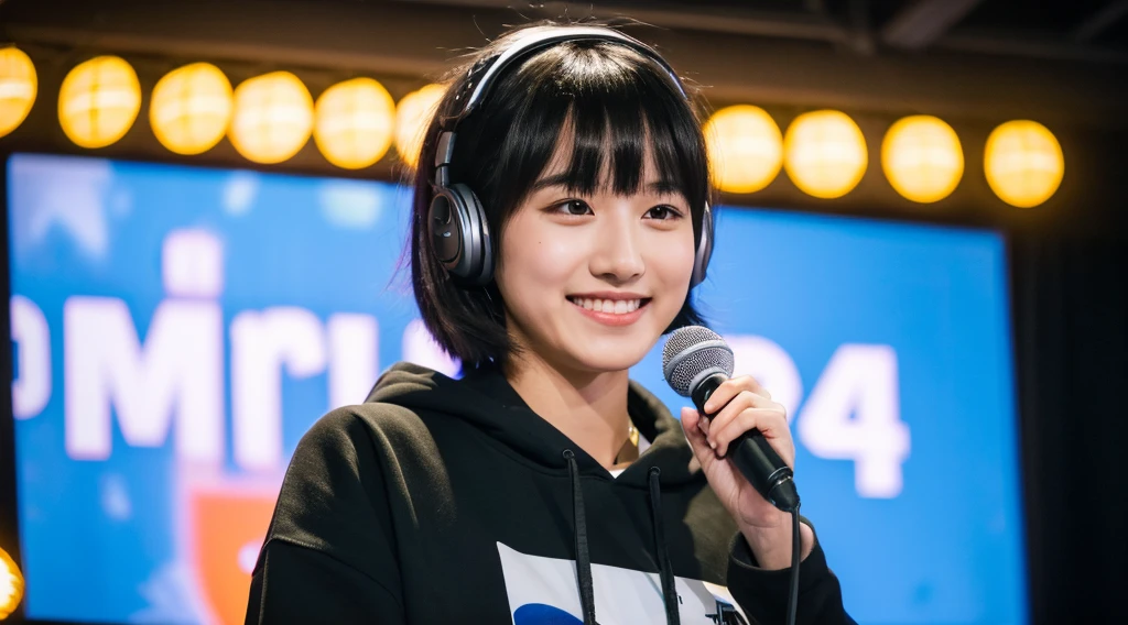 8k,beautiful,Grin,19 years old, Bob with bangs, Black hair, Medium Hair, Room, Hoodie, Japanese, Voice actor, headphone, speak at a microphone, real, photo real, realistic Japanese cute, 8k, RAW photo, best quality, masterpiece, realistic, photo-realistic, clear, professional lighting, beautiful face, best quality,ultra high res, Style: hyper-realistic photograph, (with a book in hand), microphone, (front of microphone), read a book, Sony α7, 35mm Lens, f1.8, medium format, soft lighting, by Daniel F Gerhartz, intricate, super highly detailed, trending in pinterest, sharp focus ,portrait photography,detailed skin,real person