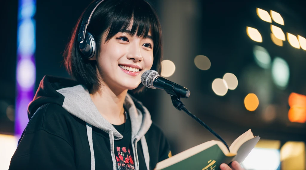 8k,beautiful,Grin,19 years old, Bob with bangs, Black hair, Medium Hair, Room, Hoodie, Japanese, Voice actor, headphone, speak at a microphone, real, photo real, realistic Japanese cute, 8k, RAW photo, best quality, masterpiece, realistic, photo-realistic, clear, professional lighting, beautiful face, best quality,ultra high res, Style: hyper-realistic photograph, (with a book in hand), microphone, (front of microphone), read a book, Sony α7, 35mm Lens, f1.8, medium format, soft lighting, by Daniel F Gerhartz, intricate, super highly detailed, trending in pinterest, sharp focus ,portrait photography,detailed skin,real person
