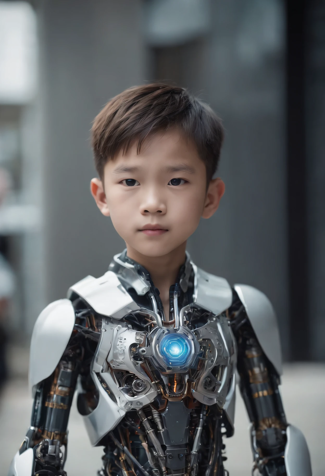 Chinese boy is a 12-year-old robot schoolboy，Multi-line design，A futuristic，Chest bionic skin，Mechanical heart