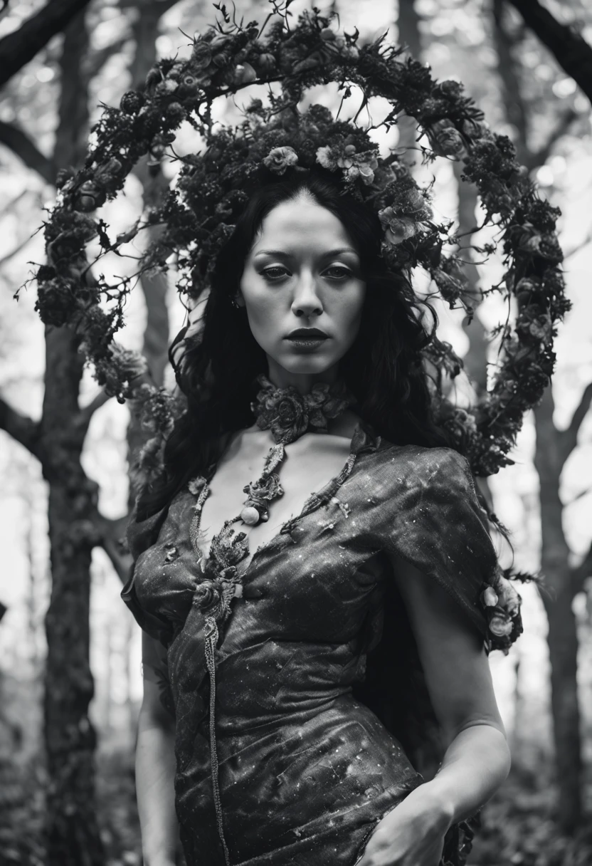 A photo by Bettina Rheims, pagan saint, Sol Invictus, in the style of marco mazzoni, Bettina rheims full body image, analogic camera, pagan saint, by Shohei Otomo, by Hans Bellmer, full body shot, the person is going through a heartbreak, prayer, thorns, perfect hands, perfect face, tired face, suffering face, surrealism, tenebrism, in the dark, some tattoes, sacred, icon, there's trees, in a forest, moonlightning, light rays, adoration, anticipation, ecstatic, excited, in love, Surrealism, 8k, accurate, best quality, anatomically correct, super detail, high quality, award winning, bokeh, Eye-Level Shot, Hasselblad