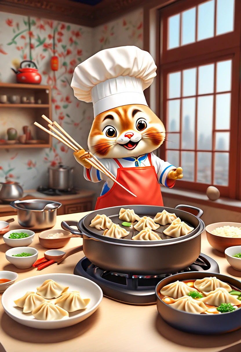 by Richard Scarry, cooking, Stir fried iron pot, Crescent Dumplings, Crescent gyoza, Chinese wontons, octane render, enhance, intricate, (masterpiece, Representative work, official art, Professional, unity 8k wallpaper:1.3)