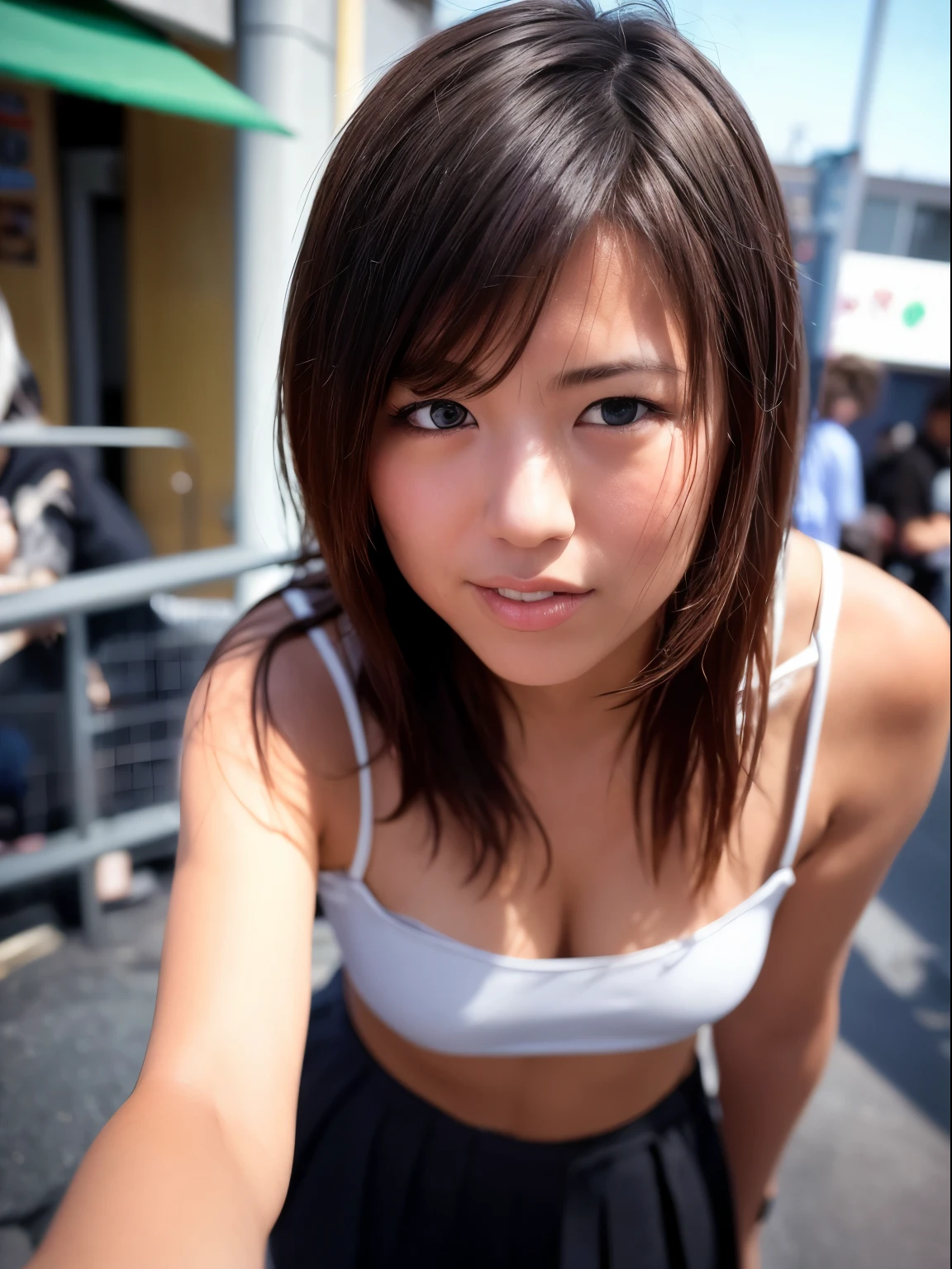 Ultra top quality, masterpiece, ultra high resolution, (photorealistic: 1.4), highly detailed CG Unity 8k wallpaper, detailed and complex, original, high resolution, raw photos, (perfect body shape), finely complex, DSLR, soft lighting, high quality, film grain, depth of field, Leica camera, 50mm lens, backlight, HDR, hyperrealistic, color grade, dynamic pose, portrait, Japan person, smile, lips, short hair, bangs, (crowded Akihabara: 1.2), front view viewer, natural light, girl, 20 years old, full body, solo, student, high school, uniform, sailor color, bobby socks, pleated skirt, daytime, street, deep shadow, cute, beauty, modest, cold light 12000K\\ street, store state, Akihabara, Shinjuku, Shibuya, Ikebukuro, detailed realism, skin texture, super detailed, realistic skin texture, (dramatic, award-winning photos, incredible masterpieces: 1.3)