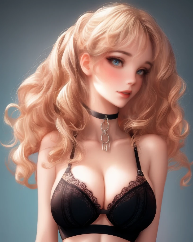 a photo of fetchingbutterfly wearing a black bra, focus on shoulders, close up, collar, choker,stunningly beautiful woman, seductive.