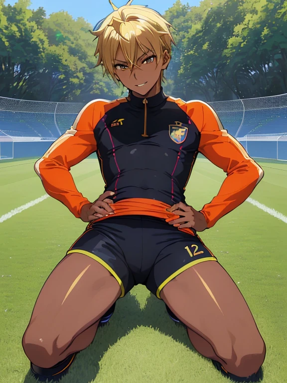 Anime - style image of a footballer sitting on the ground, Handsome anime pose, in school uniform, Smooth anime CG art, the anime girl is crouching, at pixiv, clean and meticulous anime art, Tall anime guy with blue eyes, Realistic anime 3 D style, highly detailed exquisite fanart, beautiful anime girl crouching, High Quality Anime Art Style