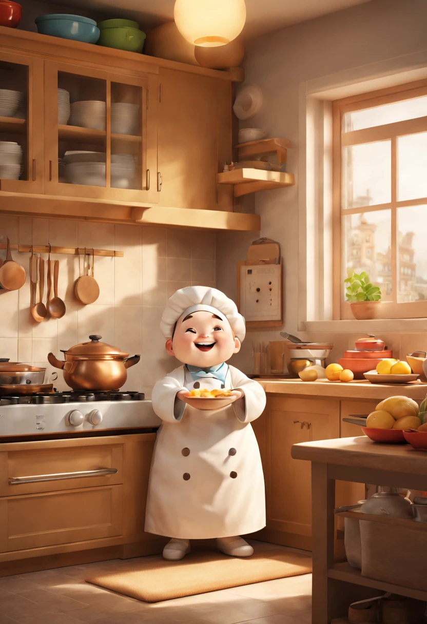 (Best quality, 3D, ultra fine, physics based rendering) In the kitchen, A cute anthropomorphic dumpling is depicted in Pixar style, rich and colorful, vivid expressions, mischievous and friendly personality, delicate and realistic textures, dynamic and charming postures, and various traditional Chinese cookware displayed on the shelves. Soft golden lights pour from the window, Image quality is crucial to ensure that the final product has the highest resolution and realism. forming a unique and charming style. The color palette is rich and vibrant, harmoniously blending warm and cold tones. casting subtle shadows and highlights, enhancing the three-dimensional effect.