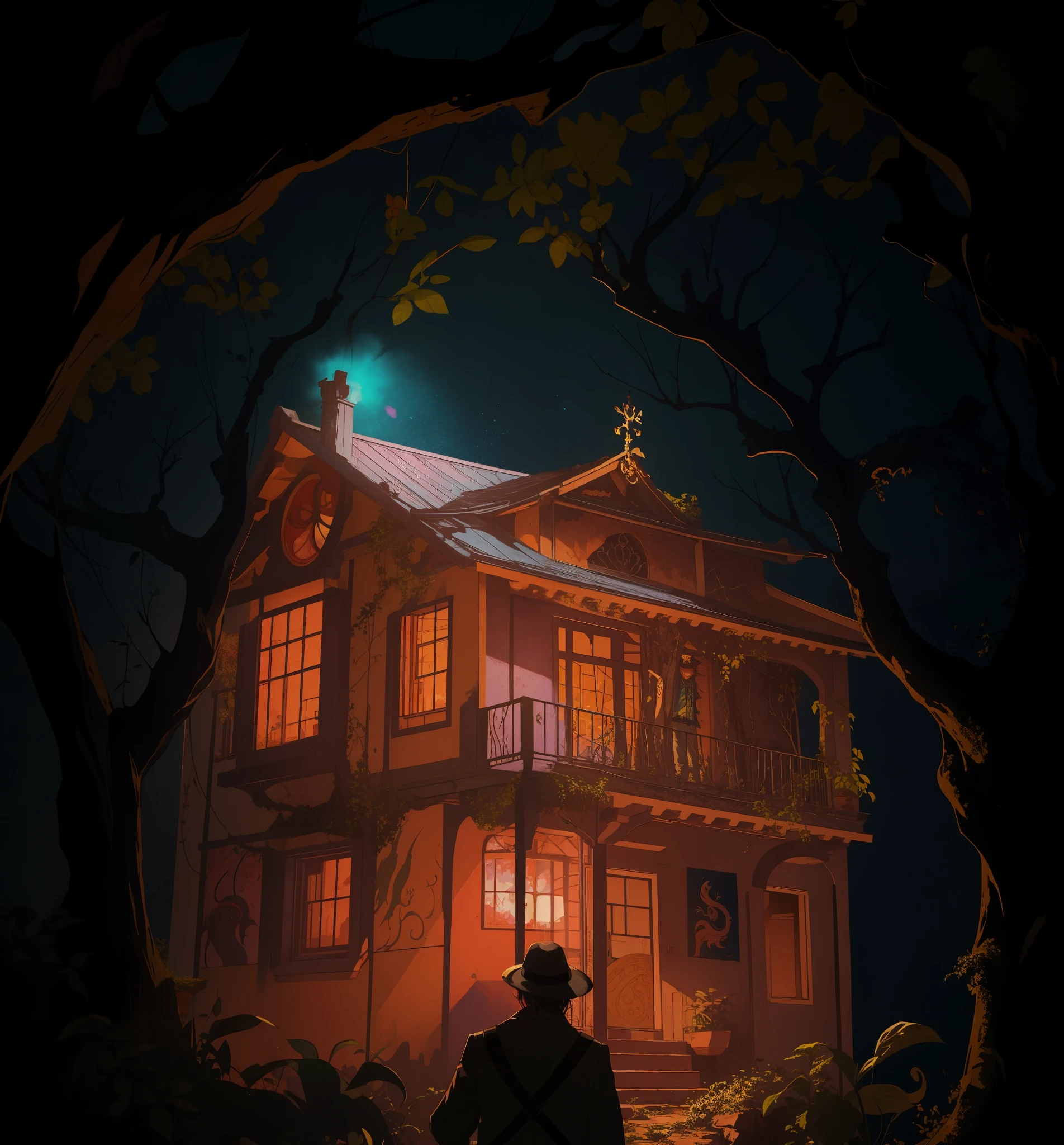 ((quality, Wallpapers, image quality, 8K)),The content is very detailed, ((nice images)), (((colorful illustrations, filmposter:1.3))), Abandoned two-story villa,Two-story villa wrapped with vines,古老而mistic,A man in a trench coat walked towards the villa,that tree,Cool,natta,terror,mistxcellent,Ghastly,Cthulhu