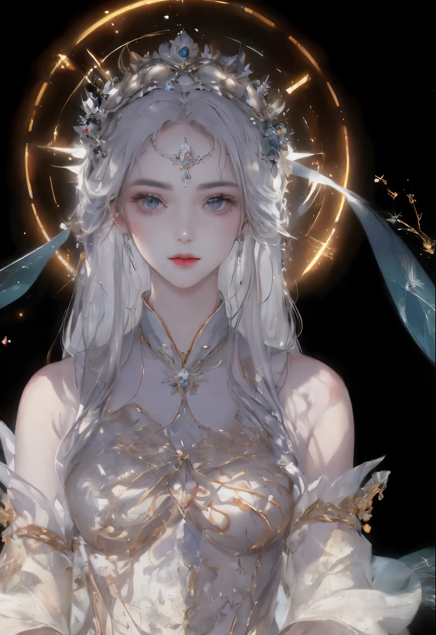 Close-up of a woman with a crown on her head, unreal engine rendered + welcoming, white-haired god, beautiful fantasy queen beautiful fantasy queen)), Complex and gorgeous anime CGI style, 非常细致的welcoming拍摄, Ethereal fantasy, Popular topics on cgstation, Amazing young ethereal figure, Beautiful celestial mage, EtherealBeauty, ethereal essence