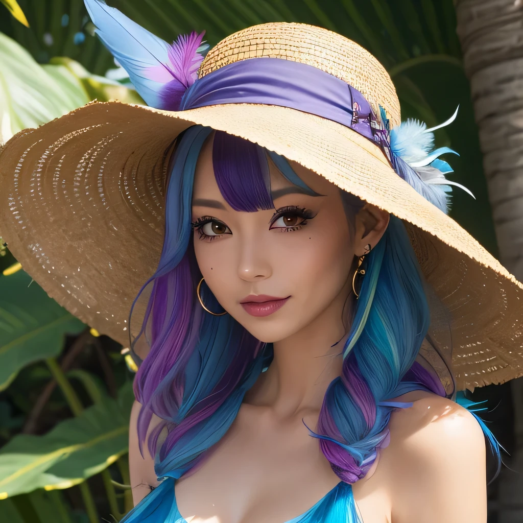 ((best quality)),((masterpiece)),((strikingly beautiful)), mature, 1girl, solo, high quality, masterpiece, skinny, gyaru, magthereal witch, multi colored, slutty, winged eyeliner, tropical shirt, tropical sun hat with feather, purple and blue colored hair, purple and blue clothing, feather in hat, heavy makeup, japanese