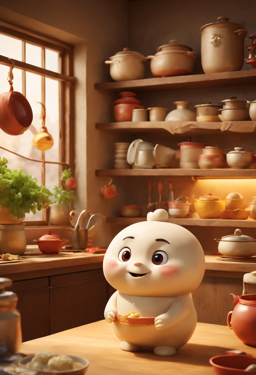 (Best quality, 3D, ultra fine, physics based rendering) In the kitchen, A cute anthropomorphic dumpling is depicted in Pixar style, rich and colorful, vivid expressions, mischievous and friendly personality, delicate and realistic textures, dynamic and charming postures, and various traditional Chinese cookware displayed on the shelves. Soft golden lights pour from the window, Image quality is crucial to ensure that the final product has the highest resolution and realism. The color palette is rich and vibrant, harmoniously blending warm and cold tones. casting subtle shadows and highlights, enhancing the three-dimensional effect.