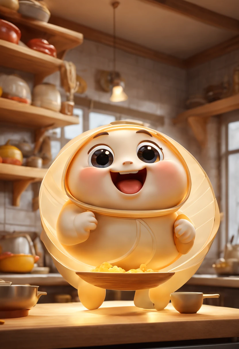 (Best quality, 3D, ultra fine, physics based rendering) In the kitchen, A cute anthropomorphic dumpling is depicted in Pixar style, rich and colorful, vivid expressions, mischievous and friendly personality, delicate and realistic textures, dynamic and charming postures, and various traditional Chinese cookware displayed on the shelves. Soft golden lights pour from the window, Image quality is crucial to ensure that the final product has the highest resolution and realism. The color palette is rich and vibrant, harmoniously blending warm and cold tones. casting subtle shadows and highlights, enhancing the three-dimensional effect.