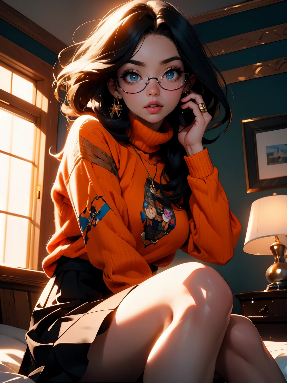 HD, 8k quality, masterpiece, Velma, dream girl huge tits, beautiful face, kissing lips, bob hairstyle, long bangs, perfect makeup, realistic face, detailed eyes, blue eyes, brunette hair, eyelashes, slightly open mouth, bedroom, sitting on bed, showing cameltoe, eyes at viewer, orange knitted turtle neck sweater, clear lens glasses, red school girl skirt,