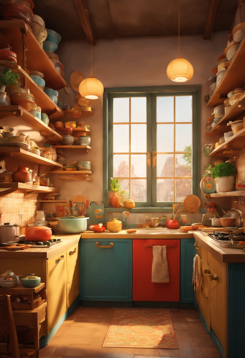 (Best quality, 3D, ultra fine, physics based rendering) In the kitchen, A cute dumpling is depicted in Pixar style, rich and colorful, vivid expressions, mischievous and friendly personality, delicate and realistic textures, dynamic and charming postures, and various traditional Chinese cookware displayed on the shelves. Soft golden lights pour from the window, Image quality is crucial to ensure that the final product has the highest resolution and realism. The color palette is rich and vibrant, harmoniously blending warm and cold tones. casting subtle shadows and highlights, enhancing the three-dimensional effect.