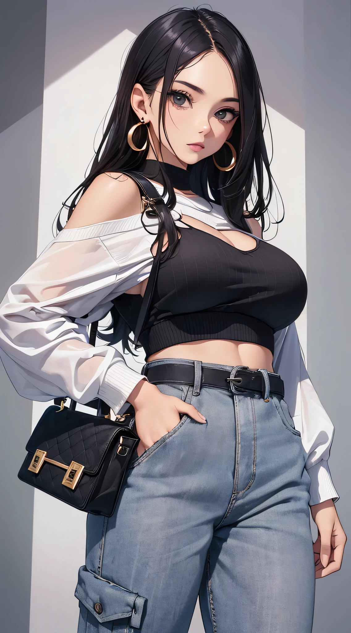 top-quality、Top image quality、masterpiece、 girl((White shirt、Long black trousers、18year old、 Ager、Best Bust、big bast,Black eyes, Black hair、A slender,Large valleys、red lipsticks、Black eyeshadow、Cute earrings、銀の腕時計、sexypose、Bring your chest together、Stylish shoulder bag、modeled)),hiquality、Beautiful Art、Background with((white wall for photography、Multiple cameras、Shooting range))masterpiece、depth of fields,Cinematic style