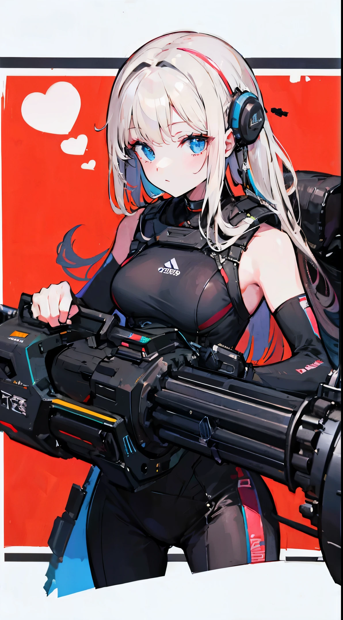 Upper body，long hair girl,without background，carry modern weapons，Torn clothes，tightsuit，