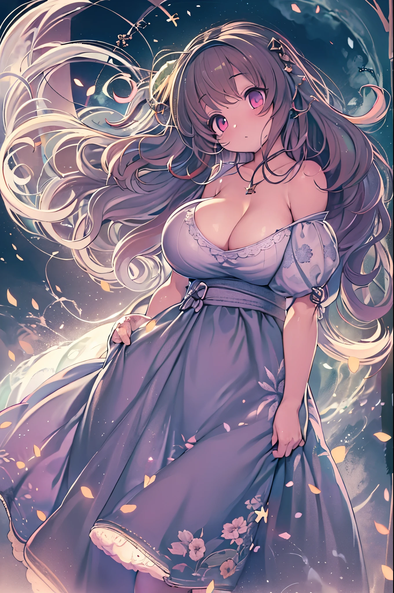 Detailed background, masutepiece, Best Quality, 1 person , Curly hair, Long hair, Purple eyes, Stars in the eyes , Strapless blouse, long  skirt、huge-breasted,bbw