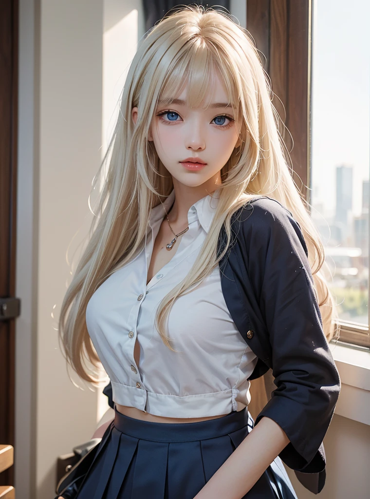 Swaying bangs、Very beautiful  cute girl、a miniskirt、shiny white young beautiful skin、Sexy and very beautiful good looks、Very cute face with ultimate beauty、Super long platinum blonde hair、Smooth long straight hair、Big blue eyes with radiant transparency、二重まぶた、eye line、School Uniforms、Grown bust