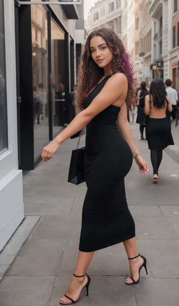 1 girl looking directly to camera, fun, in distance, very pretty, 23 years old, tanned, long curly hair, pink hair, dark brown eyes, fluffy eyebrows, lips, realistic, far away, hyper realistic, detailed skin, realistic eyes, best quality, masterpiece, ultra high res, (photorealistic:1.3), 8K, raw photo, 1girl, natural skin texture, wearing long black wool dress, shopping mal, shopping, street, natural skin texture, dynamic pose,curvy body, high heels, beautiful legs, top model, film grain,long dark brawn hair, full body, smiling