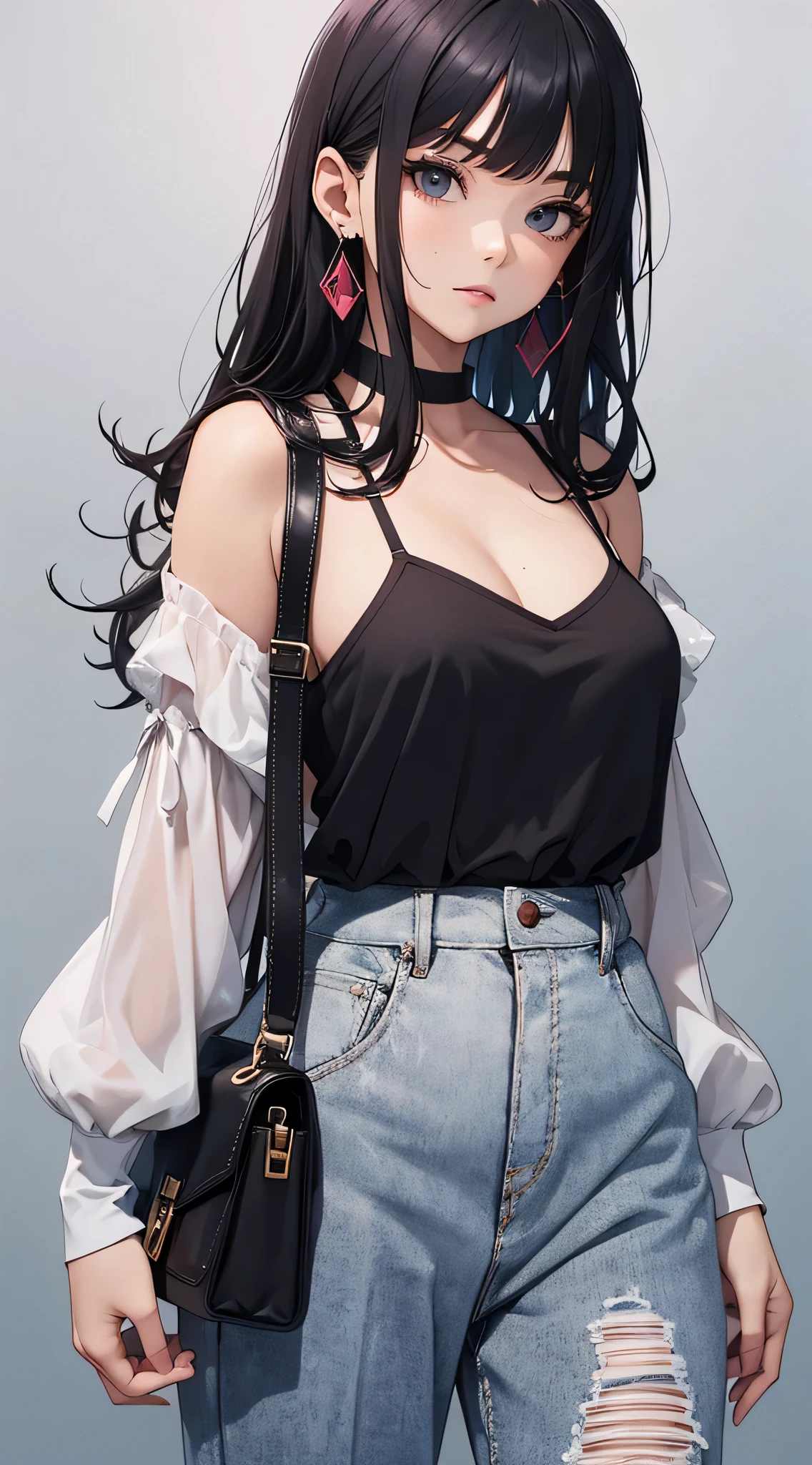top-quality、Top image quality、masterpiece、 girl((White shirt、Long black trousers、18year old、 Ager、Best Bust、big bast,Black eyes, Black hair、A slender,Large valleys、red lipsticks、Black eyeshadow、Cute earrings、銀の腕時計、sexypose、Bring your chest together、Stylish shoulder bag、modeled)),hiquality、Beautiful Art、Background with((white wall for photography、Multiple cameras、Shooting range))masterpiece、depth of fields,Cinematic style