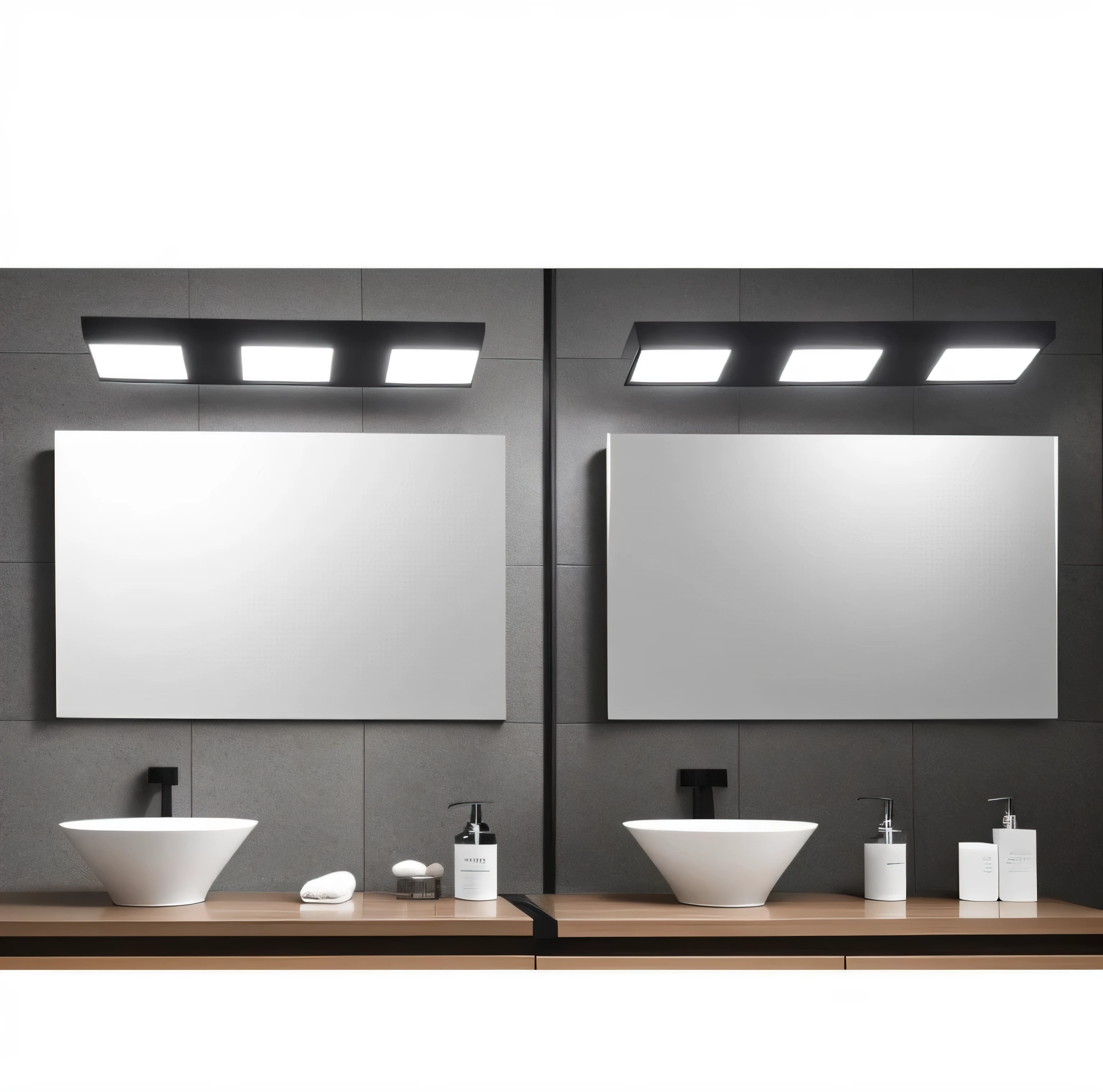 There are two sinks in the bathroom,There is a large mirror on it, light lighting side view, Easy to use, contrast side light, Stylish design, Equipped with professional lighting, dramatic product lighting, Dramatic contrasting lighting, Top ambient lighting, oled lights in corners, Mirror and glass surfaces, Bottom corner, angle view, Very soft diffused light, Top corner view