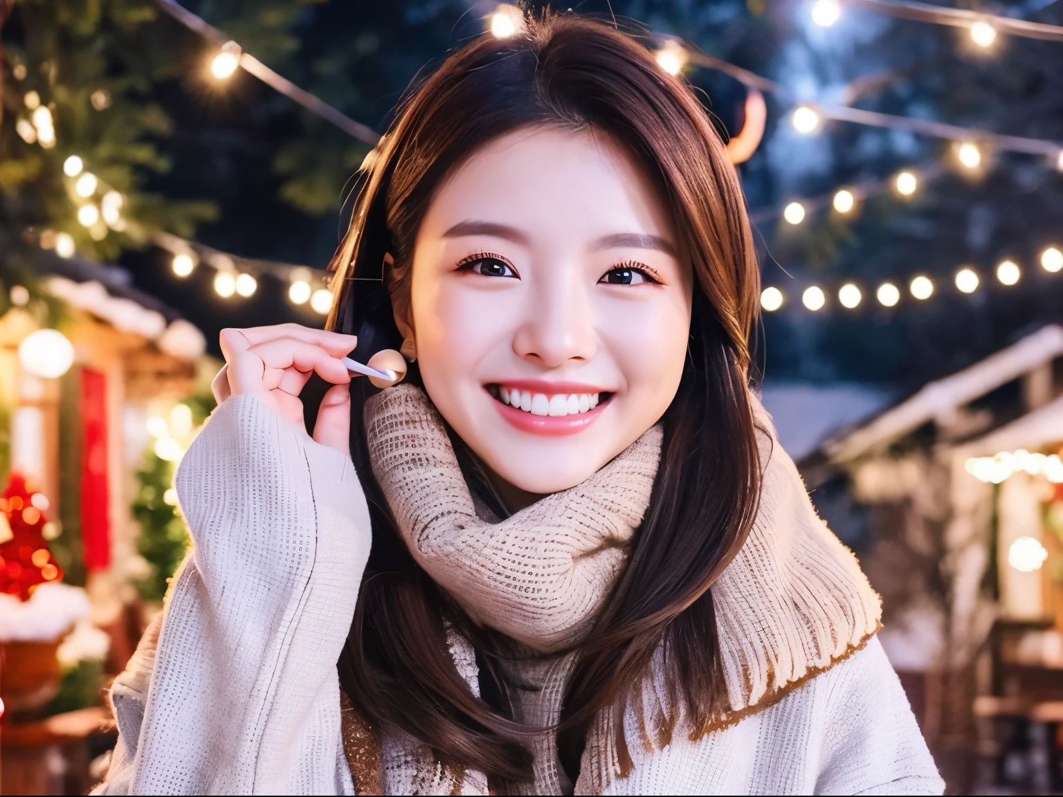 Self Whitening Salon、Instagram Posts、Impressive white teeth、lovely smile、beautiful japanese female、Natural atmosphere、unclear、bustup、winter outfit、Bright background、Christmas Lights