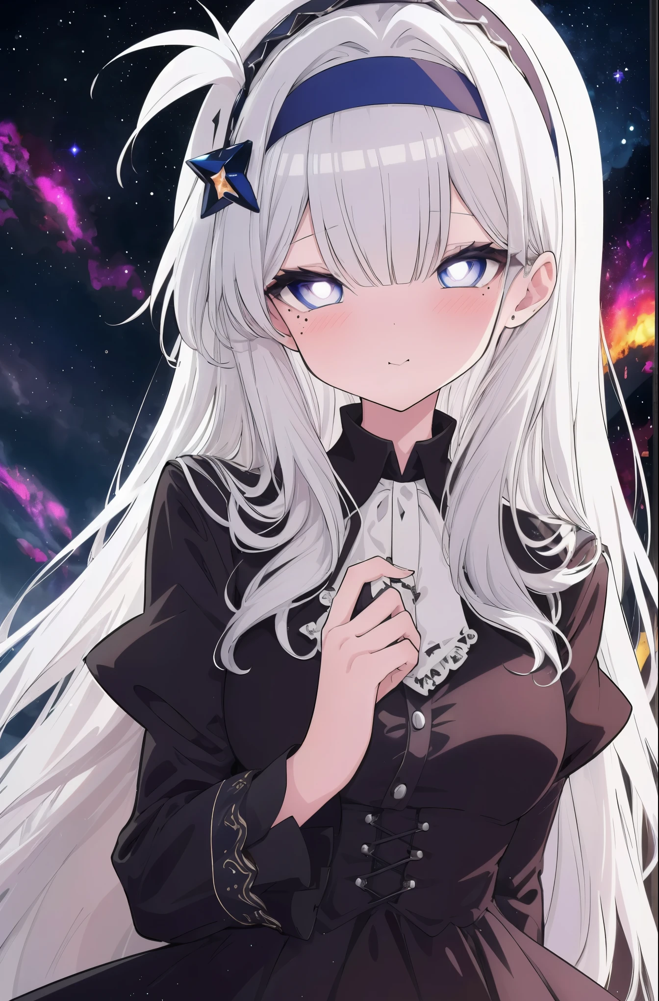 1girl, gentle smile, Long silver-white hair with a hint of blue, Starry eyes, hair strand, goggles, lolita hairband, mole under eye, star-shaped pupils, amber eyes, blush, high detail, anime, Romanticism, modern, Gothic art, anime style, cinematic lighting, high details, best quality, nebula background