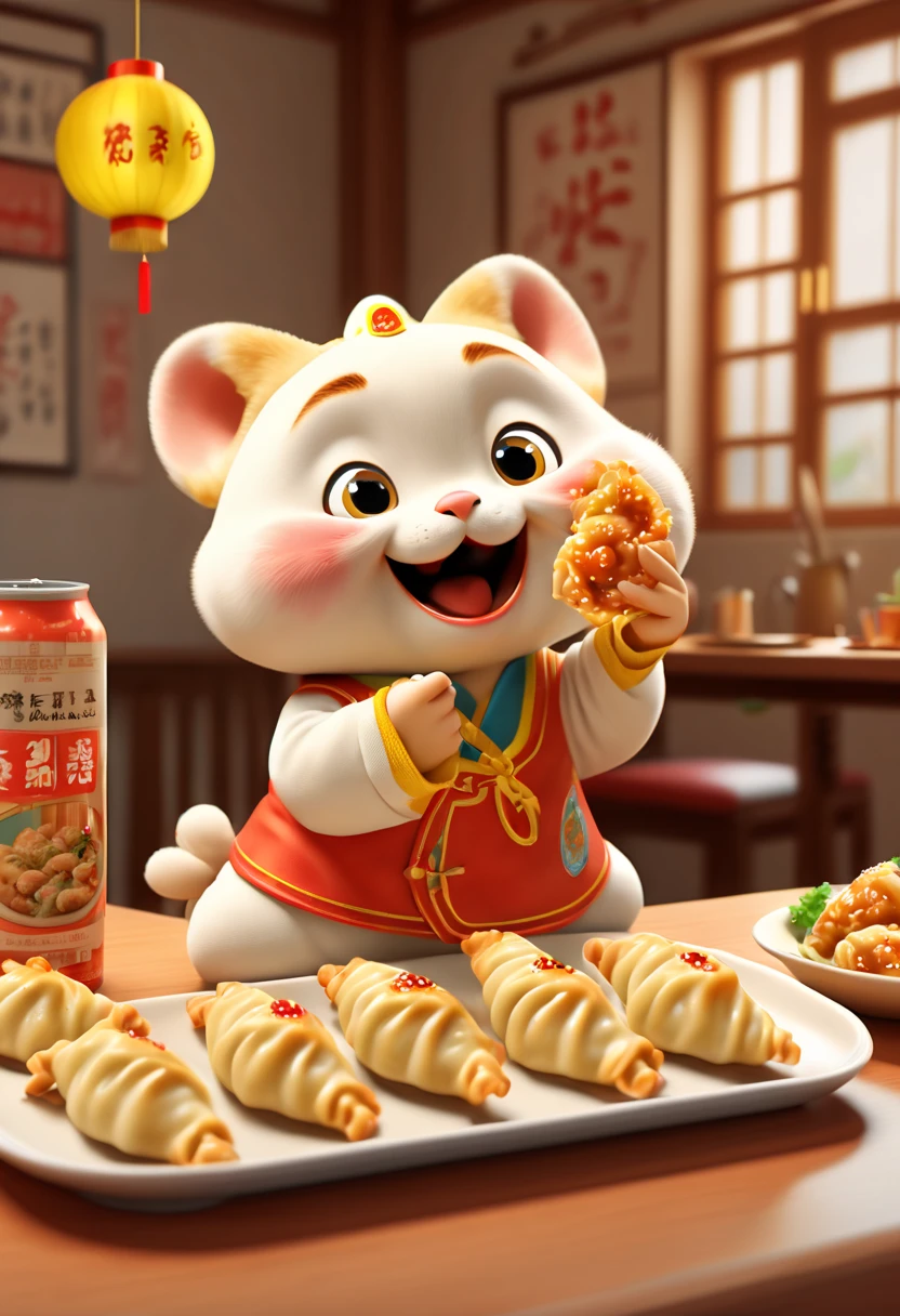 by Richard Scarry, 1girl, eating, Crescent Dumplings, gyoza, Chinese wontons, octane render, enhance, intricate, (masterpiece, Representative work, official art, Professional, unity 8k wallpaper:1.3)