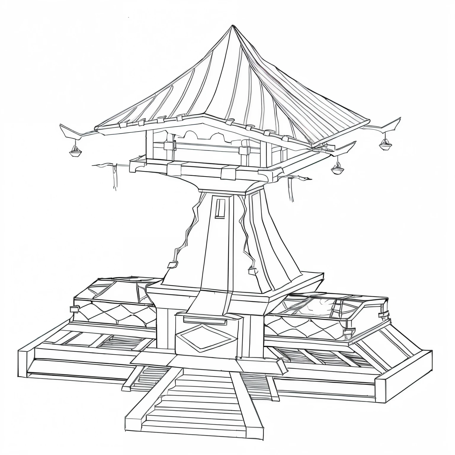 a drawing of a pagoda with a roof and steps, Isometric view of wizard tower, Giant medieval tower concept art, digital painting of a pagoda, clean linework, contour drawing, Very detailed lines, stylized lines, pagoda, 2D Game Line Art Behance HD, 2D Game Line Art Behance HD, conceptual drawing, line art illustration