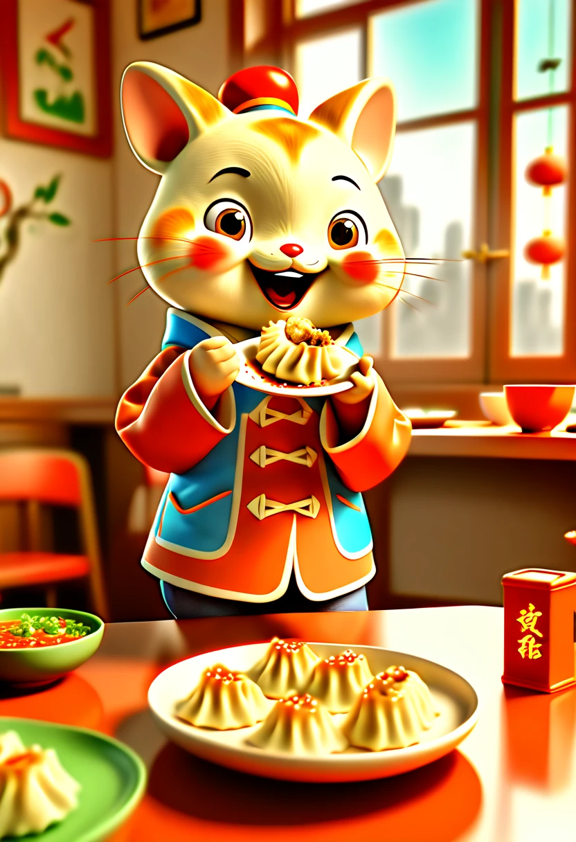 by Richard Scarry, 1girl, eating, Crescent Dumplings, gyoza, Chinese wontons, octane render, enhance, intricate, (masterpiece, Representative work, official art, Professional, unity 8k wallpaper:1.3)