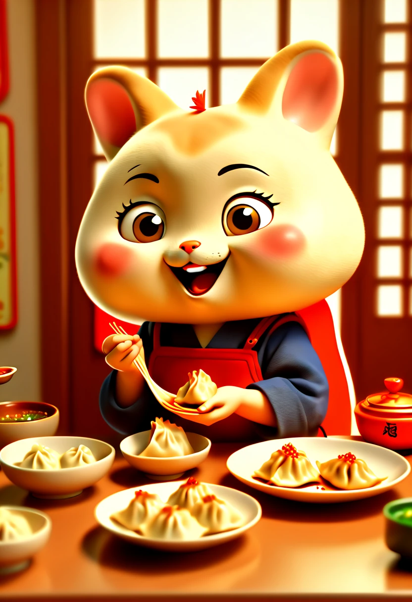 by Richard Scarry, 1girl, eating, Crescent Dumplings, gyoza, Chinese wontons, octane render, enhance, intricate, (masterpiece, Representative work, official art, Professional, unity 8k wallpaper:1.3)