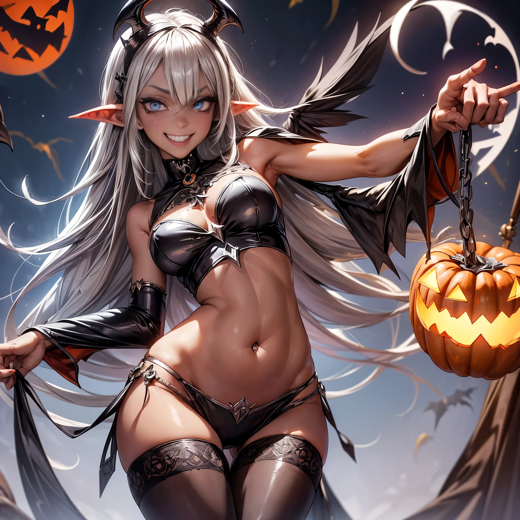 (666:1.6),(magic circle:1.6),(devil costume:1.3),(Halloween costume:1.6),(Harvest festival:1.6),(belly dancer:1.6),(trick or treat:1.6),BREAK (Darkness:1.4),elf ear:1.1,(raven wings:1.6),(dark elf:1.6),blue eyes,(milky silver hair:1.6),(ash brown skin woman:1.8),(grin:1.6),(sexy smile:1.6),(wink:1.6),(sexy pose:1.6),BREAK (highly quality),(extremely detailed CG unity 8k portrait:1.3),Breathtaking Scenery,