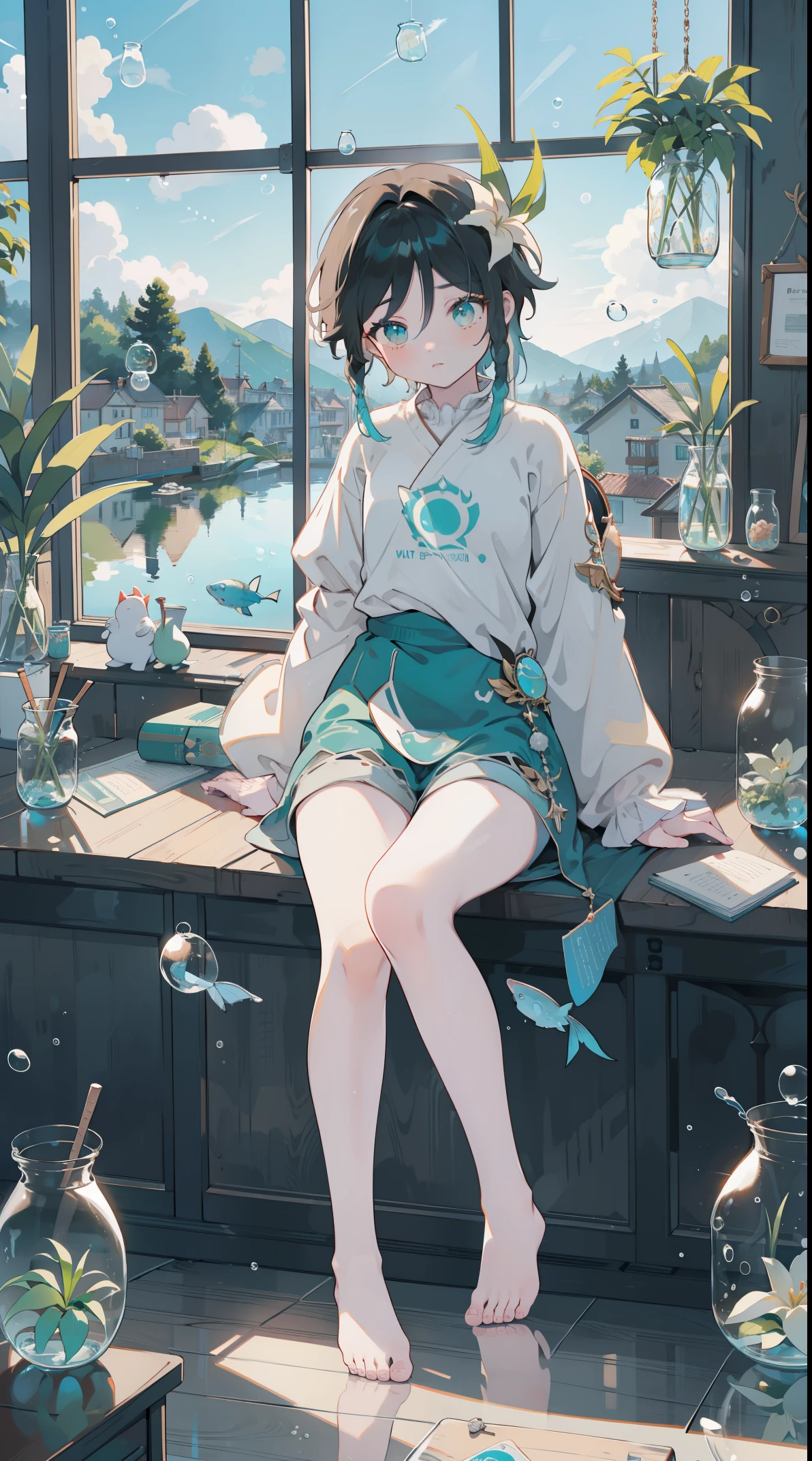 （（（（（（inside jar））））））、A boy with, ((full bodyesbian)), Wendi (genshin impact),brunette color hair, Green eyes, ((((Packed in jars))))、adolable、最small, small, A piece of,(((Packed in jars))), (Eau, Eau泡)