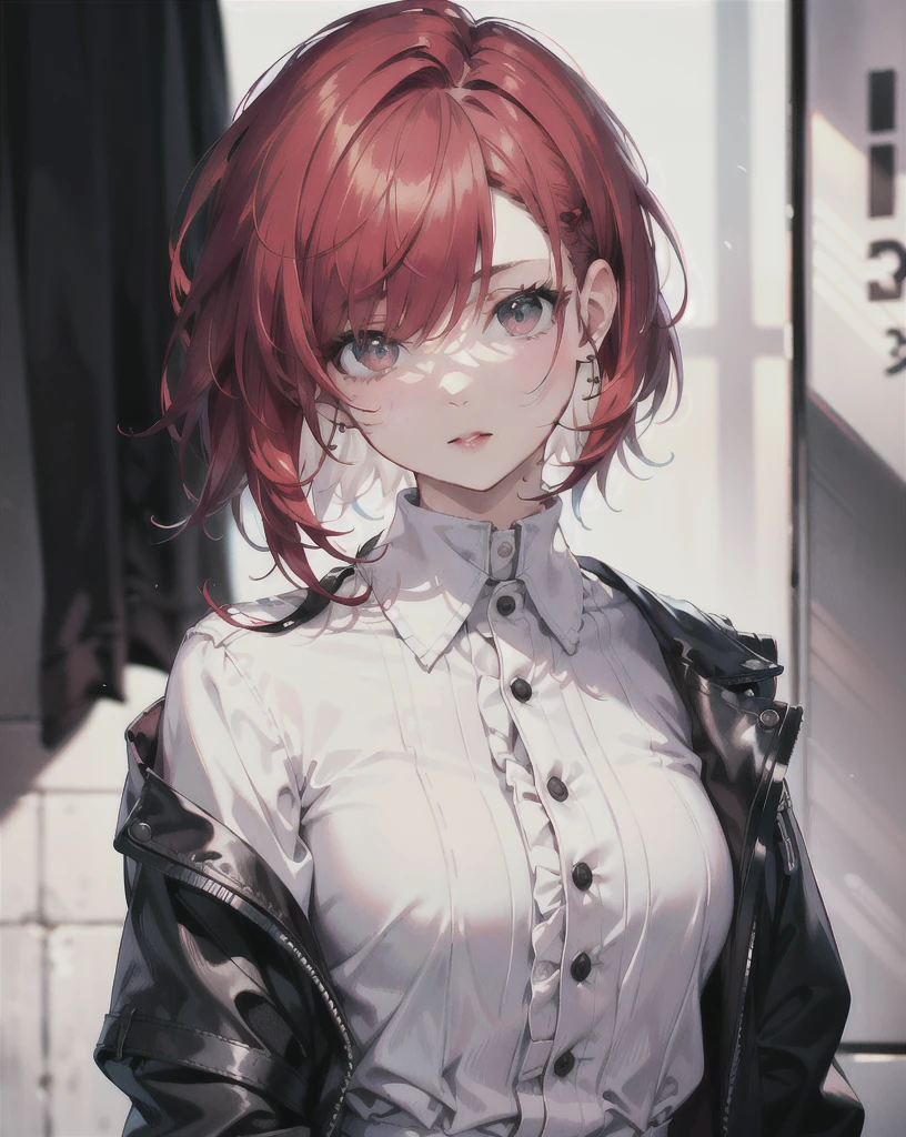 (Masterpiece1.8, best quality 1.8, masterpiece fanart ofhuman,photography,ultra realistic detailed lively body)a 30 yo woman,(hi-top fade:1.3),long hair,dark theme, soothing tones, muted colors, high contrast, (natural skin texture, hyperrealism, soft light, sharp),masterpiece, realistic, 8k, (1woman:1.3), european, white shirt, (red hair:1.1) , mullet-hair, short hair,(long mullet:1.3),